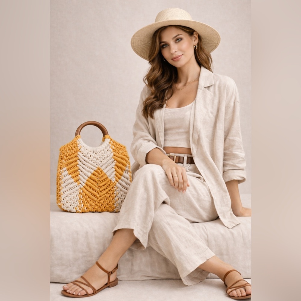 Chevorn Knotted Pattern Macrame Bag with Wooden Handle - Picture 2 of 8